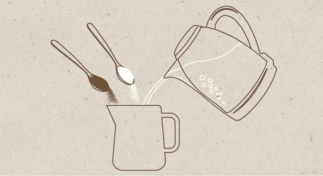 Залейте 150 мл воды, 6 г растворимого кофе NESCAFÉ® и 4–8 г сахара в отдельную емкость